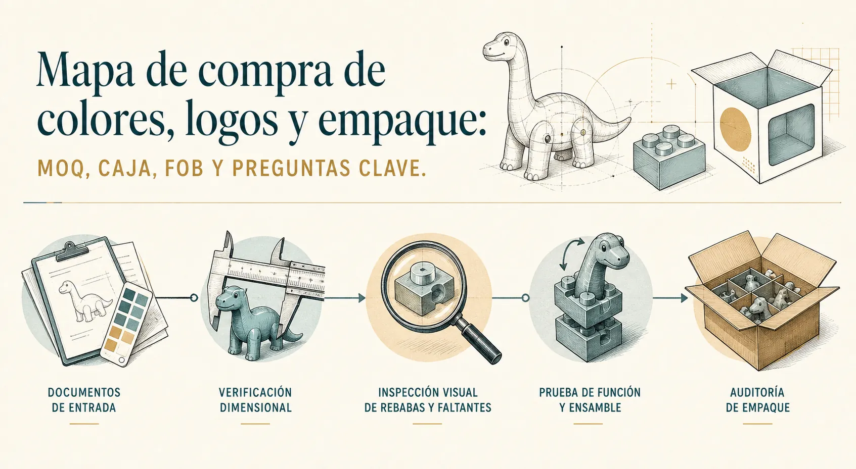 Explanatory diagram for Mapa de compra de colores, logos y empaque: MOQ, caja, FOB y preguntas clave