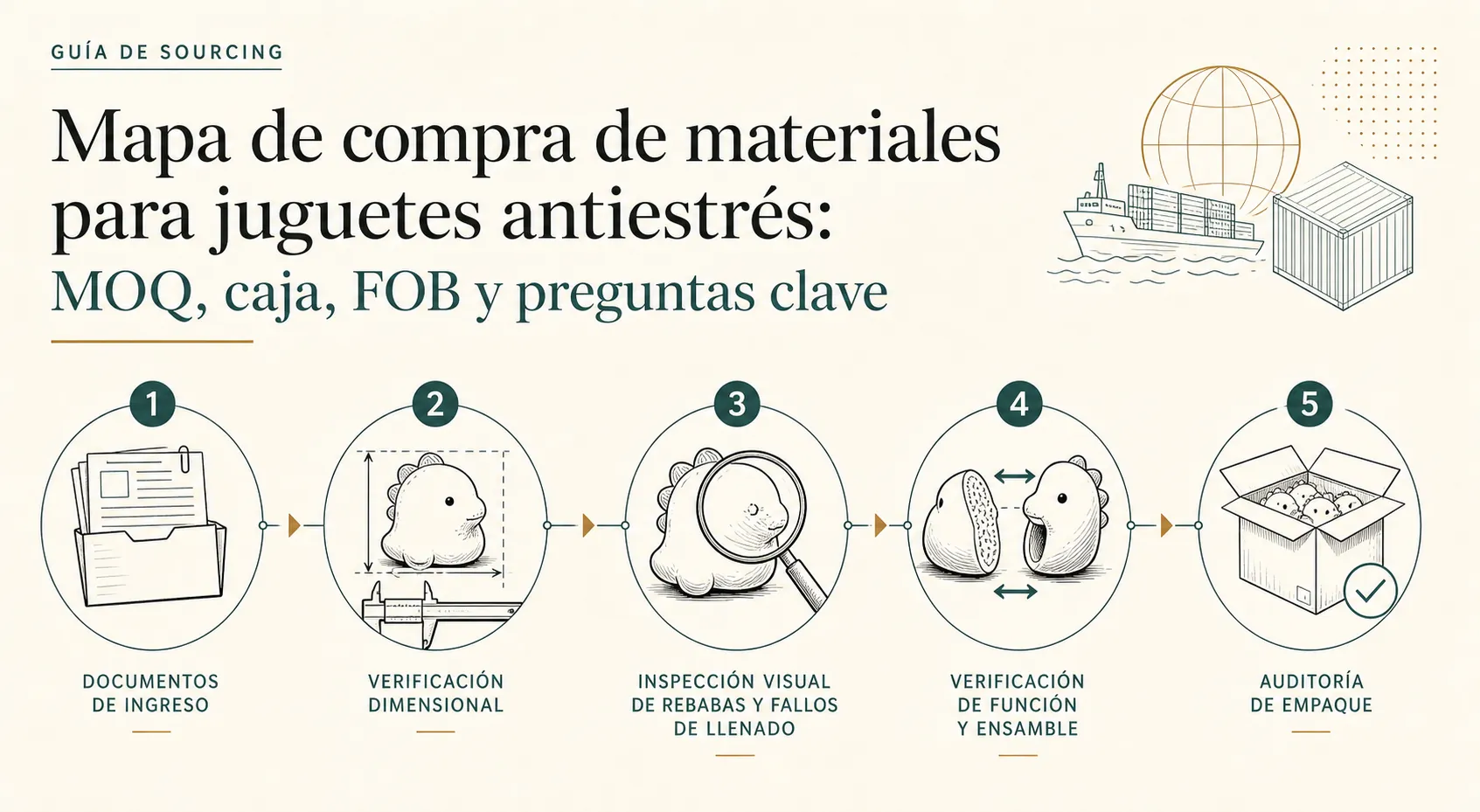 Explanatory diagram for Mapa de compra de materiales para juguetes antiestrés: MOQ, caja, FOB y pregunta