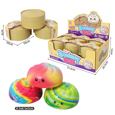 Mini Bollito Arcoíris Squishy con Caja Exhibidora Tipo Vaporera
